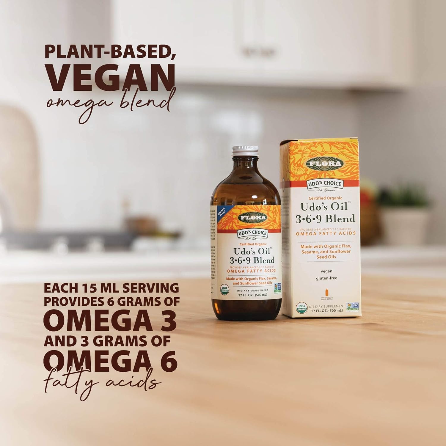 Organic Flora Omega 369 Oil Blend with Flax, Sesame & Sunflower Seed Oils - Vegan Fatty Acids in 2:1:1 Ratio - 17 oz Bottle