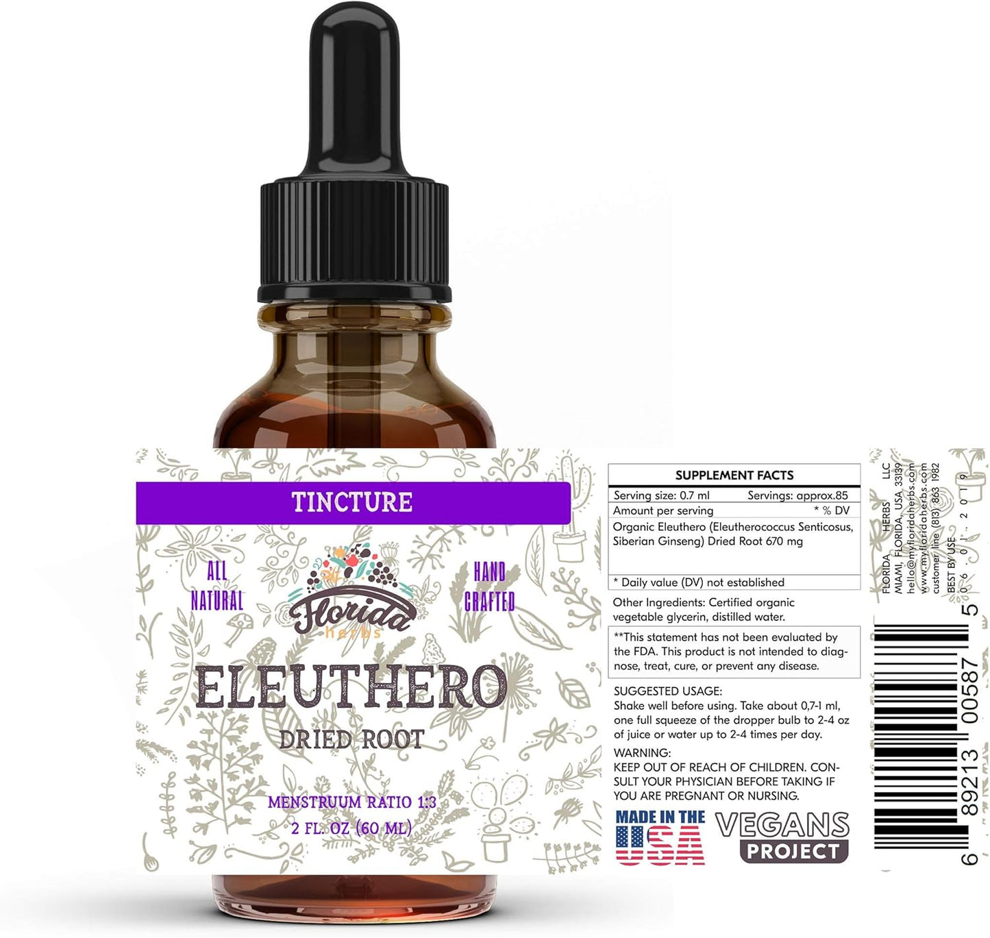 Organic Florida Herbs Eleuthero Tincture - Siberian Ginseng Extract