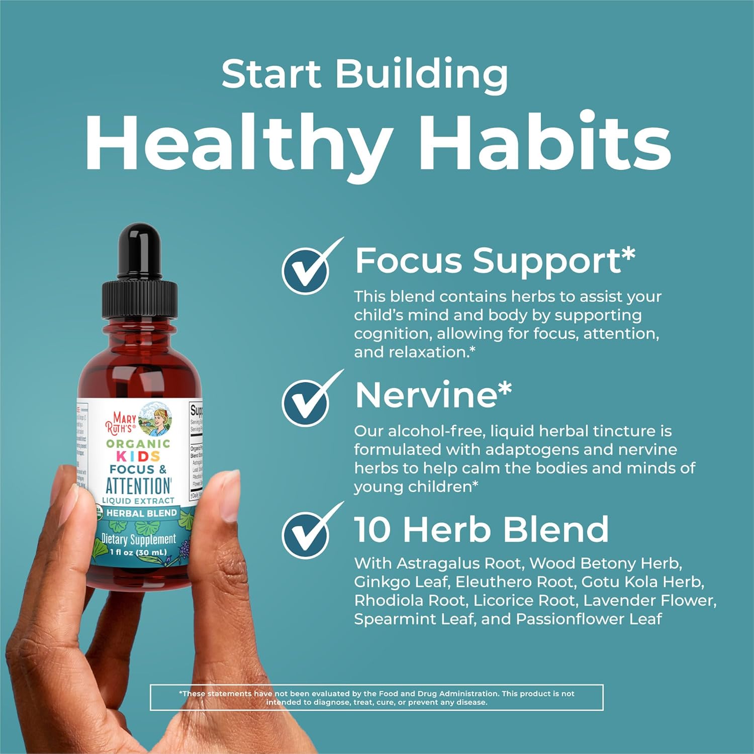 Organic Focus Probiotic Drops for Kids | USDA Certified | Gut & Brain Health Support | Vegan, Non-GMO, Gluten-Free | MaryRuth Organics