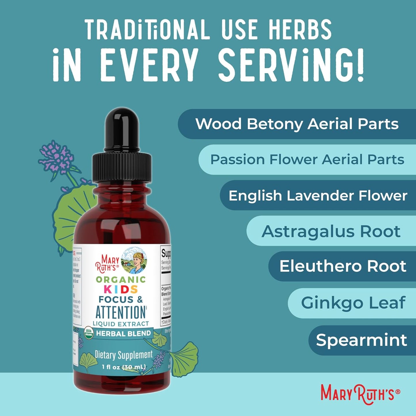 Organic Focus Probiotic Drops for Kids | USDA Certified | Gut & Brain Health Support | Vegan, Non-GMO, Gluten-Free | MaryRuth Organics