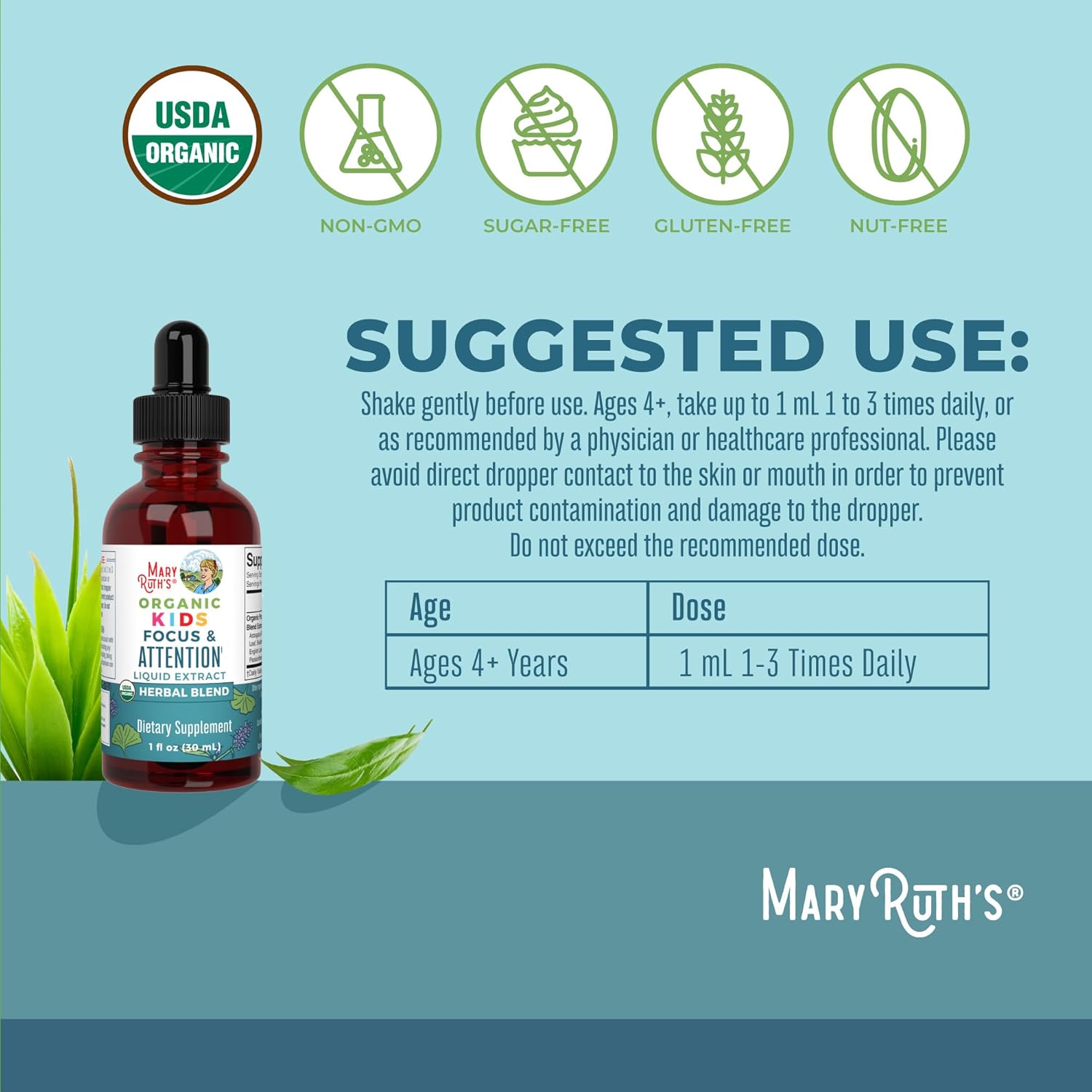 Organic Focus Probiotic Drops for Kids | USDA Certified | Gut & Brain Health Support | Vegan, Non-GMO, Gluten-Free | MaryRuth Organics