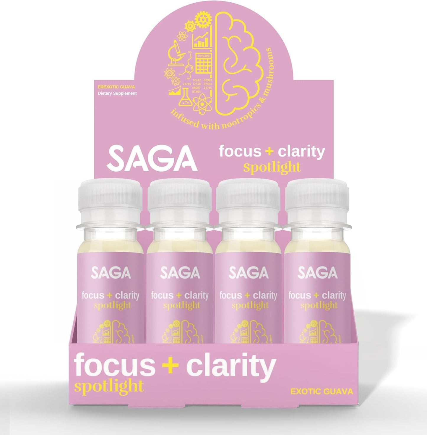 Organic Focus Shots with Nootropics, Adaptogens, & Mushrooms - Bacopa & Ashwagandha | High Bioavailability, No Jitters, Exotic Guava Flavor | Boosts Productivity | 12-Pack 2oz Shots