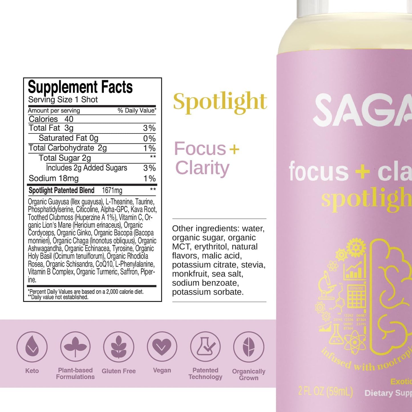 Organic Focus Shots with Nootropics, Adaptogens, & Mushrooms - Bacopa & Ashwagandha | High Bioavailability, No Jitters | Boosts Productivity | Exotic Guava 2oz Shots (6-Pack)