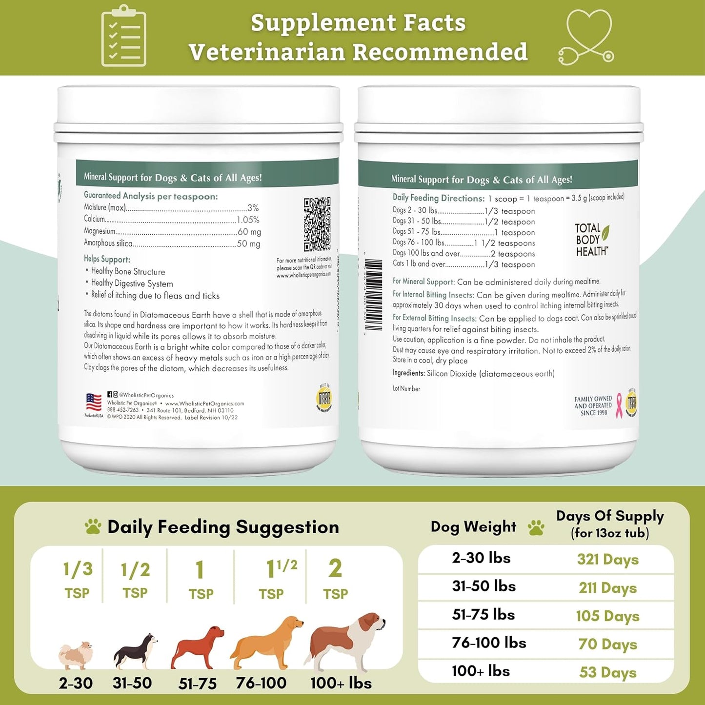 Organic Food Grade DE for Dogs - 13 Oz - Safe Non-Chemical Silica for Improved Pet Health