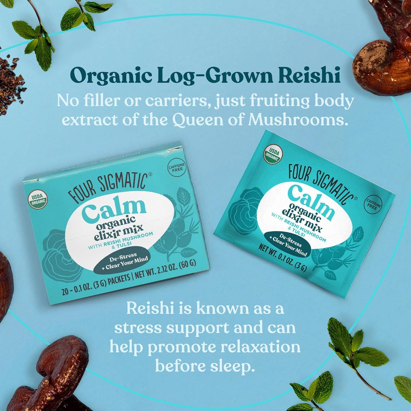Organic Four Sigmatic Reishi Mushroom Elixir for Relaxation and Sleep - Vegan, Paleo, 20 Count