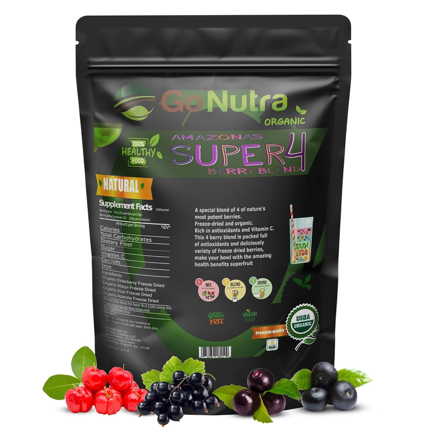 Organic Freeze Dried Berry Blend for Smoothie Bowls | Immune Boosting Superfood Mix with Acai, Maqui, Elderberry, Acerola | Antioxidant-Rich Berries | 15 Servings 8oz
