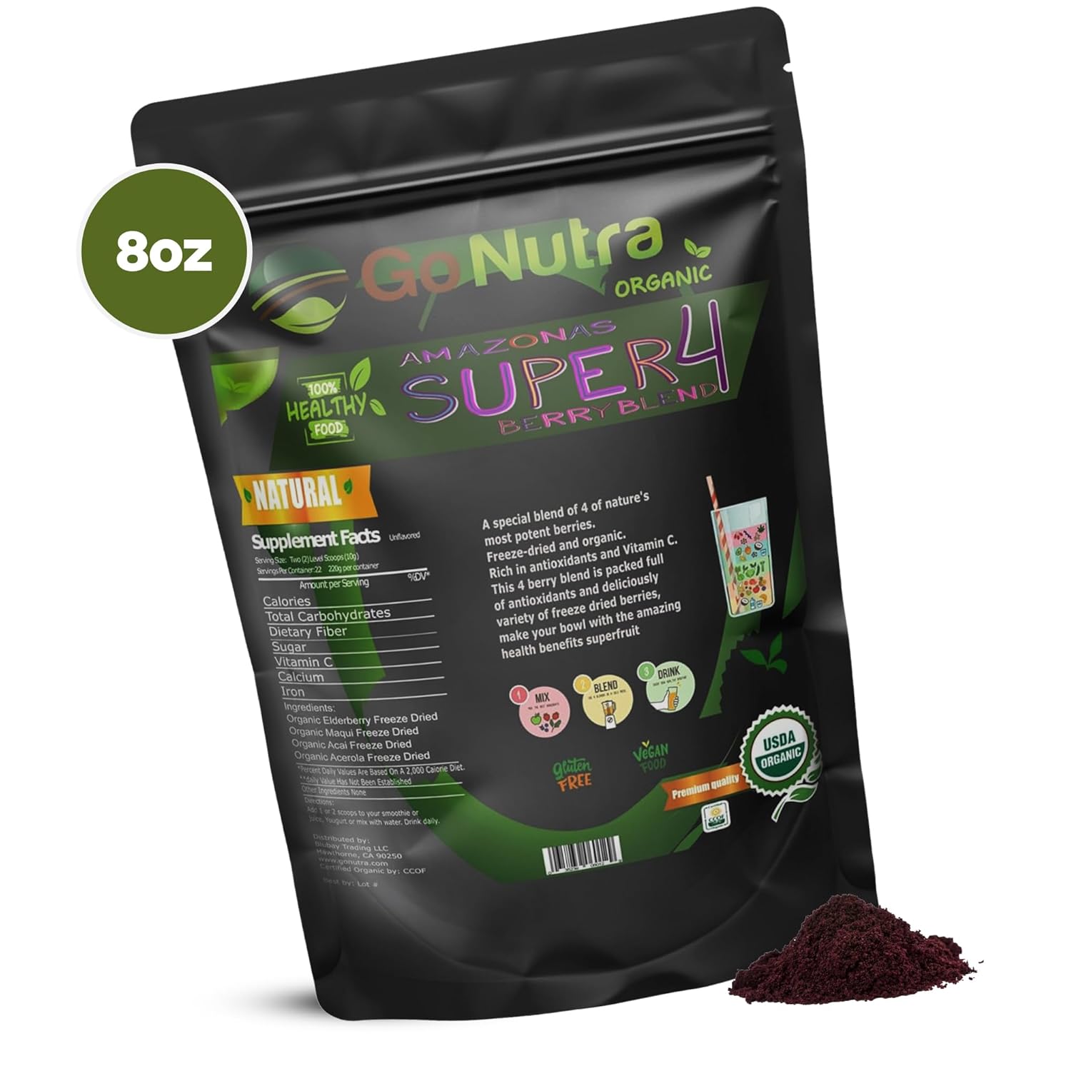 Organic Freeze Dried Berry Blend for Smoothie Bowls | Immune Boosting Superfood Mix with Acai, Maqui, Elderberry, Acerola | Antioxidant-Rich Berries | 15 Servings 8oz