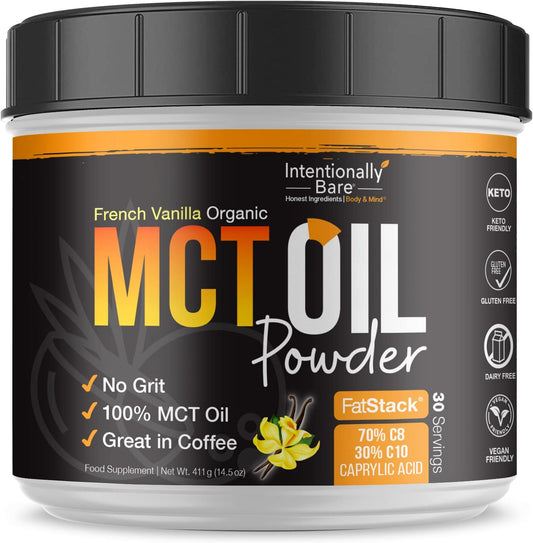 Organic French Vanilla MCT Oil Powder - Zero Net Carbs, Keto & Vegan Friendly - Ideal for Coffee, Tea, Shakes, Smoothies - 30 Servings