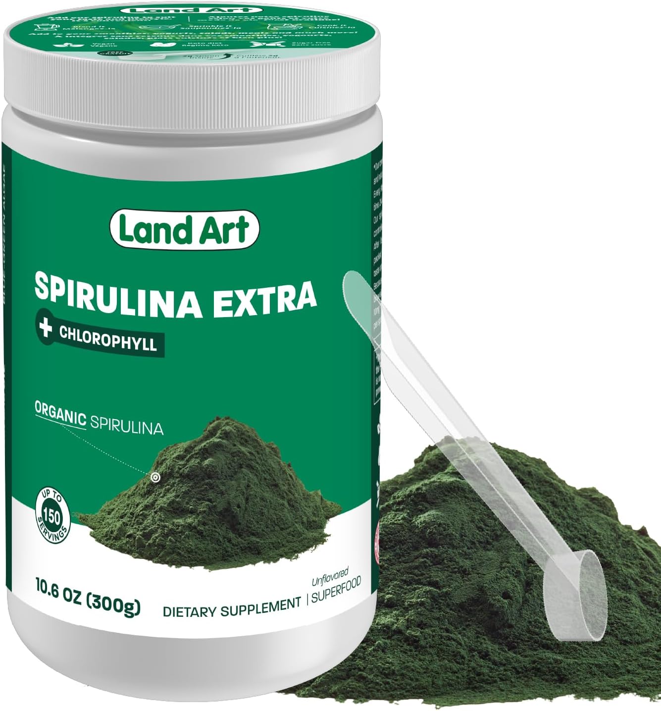 Organic Fresh Spirulina Extra Powder 300g with Added Bioavailable Chlorophyll - Unflavoured, Clean Source - 3rd Party Tested - Includes Measurement Spoon