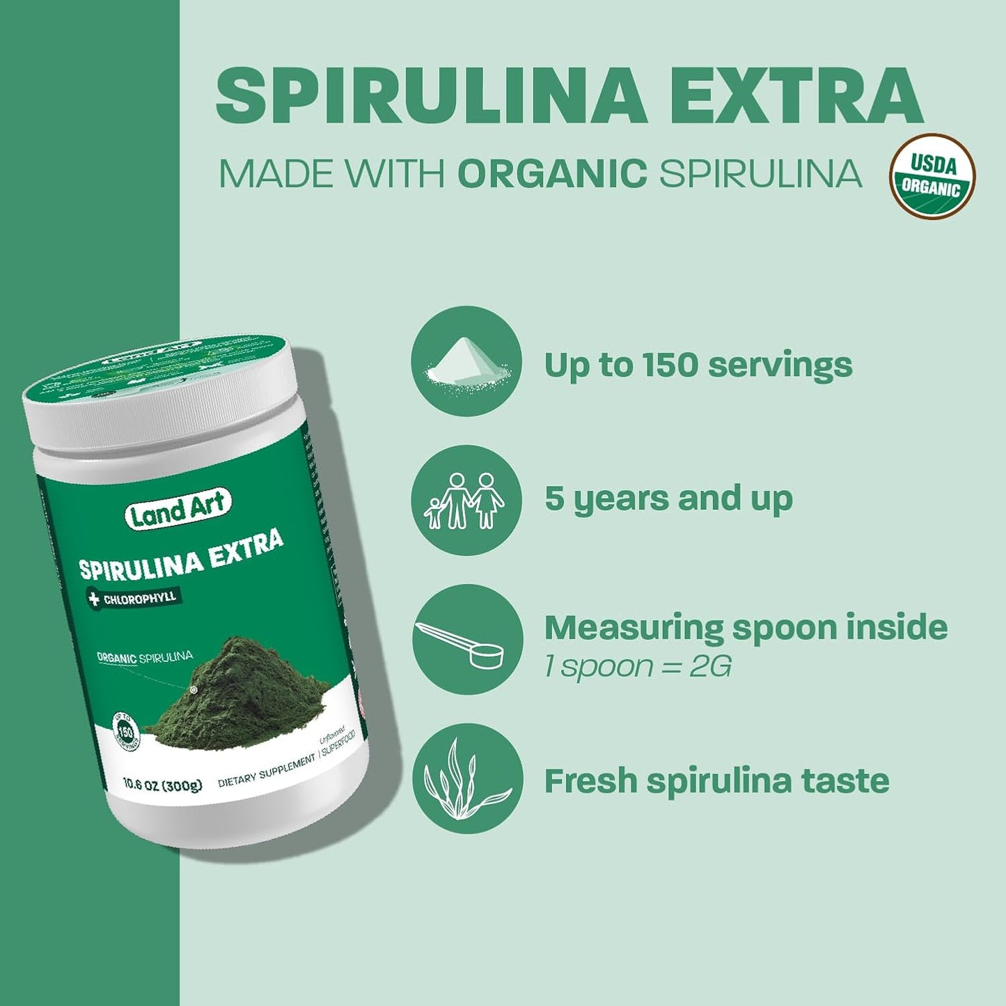 Organic Fresh Spirulina Extra Powder 300g with Added Bioavailable Chlorophyll - Unflavoured, Clean Source - 3rd Party Tested - Includes Measurement Spoon