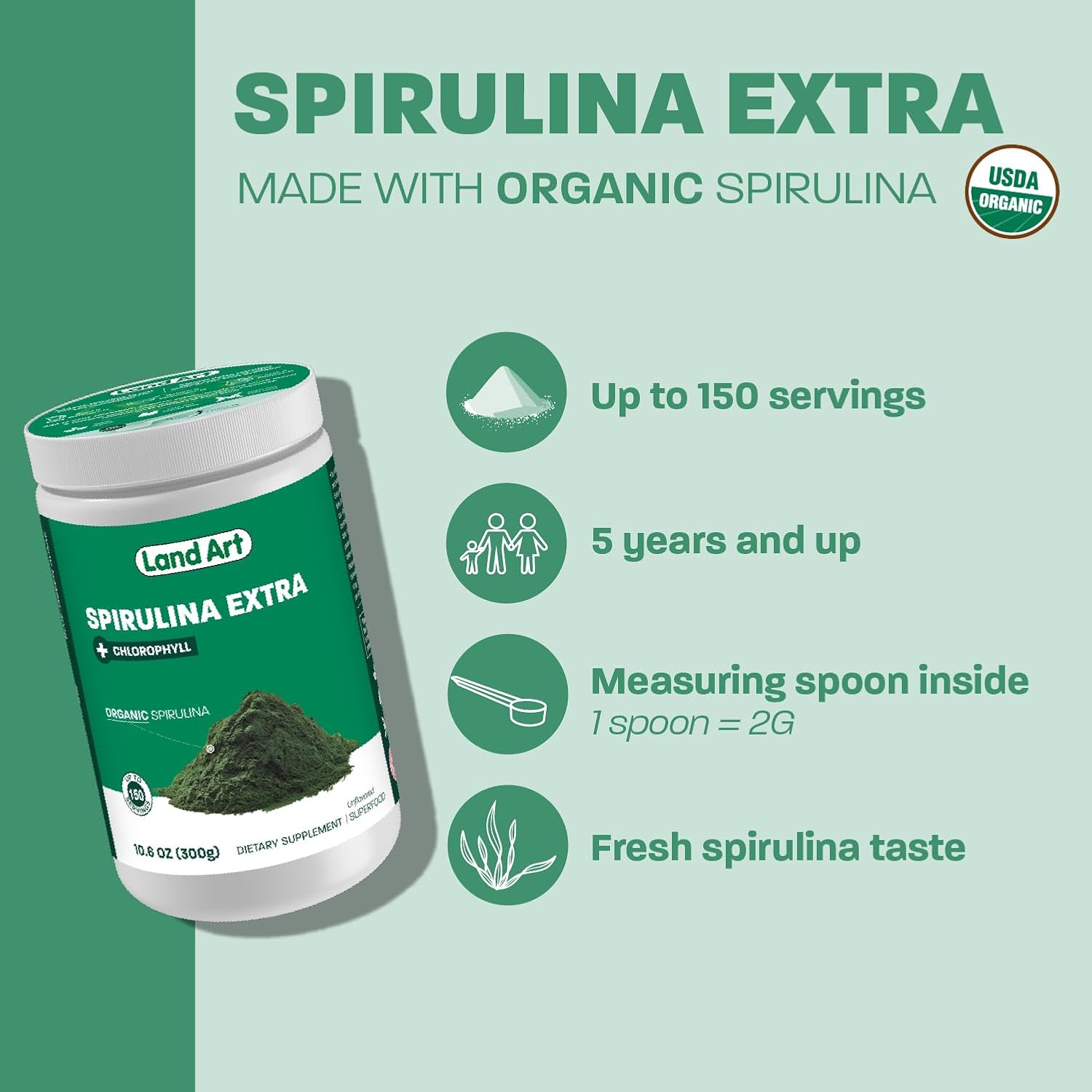 Organic Fresh Spirulina Extra Powder 300g with Added Bioavailable Chlorophyll - Unflavoured, Clean Source - 3rd Party Tested - Includes Measurement Spoon