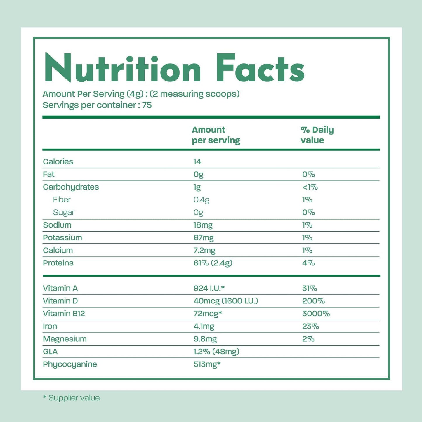 Organic Fresh Spirulina Extra Powder 300g with Added Bioavailable Chlorophyll - Unflavoured, Clean Source - 3rd Party Tested - Includes Measurement Spoon
