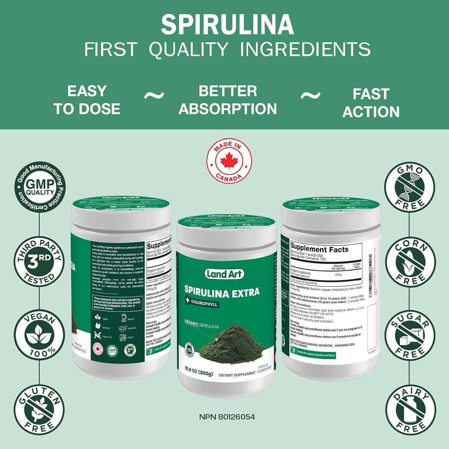 Organic Fresh Spirulina Extra Powder 300g with Added Bioavailable Chlorophyll - Unflavoured, Clean Source - 3rd Party Tested - Includes Measurement Spoon