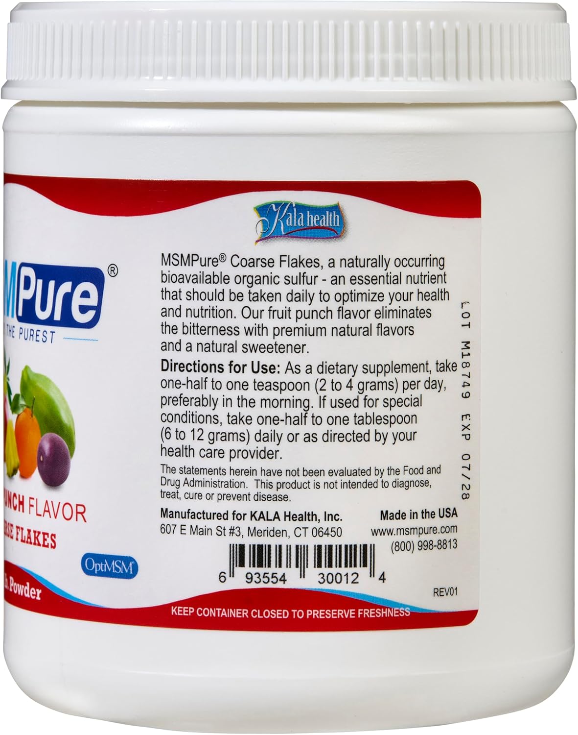 Organic Fruit Punch Flavored MSM Powder Flakes for Joint Flexibility, Skin, Hair & Nail Support - 1 lb, Made in USA