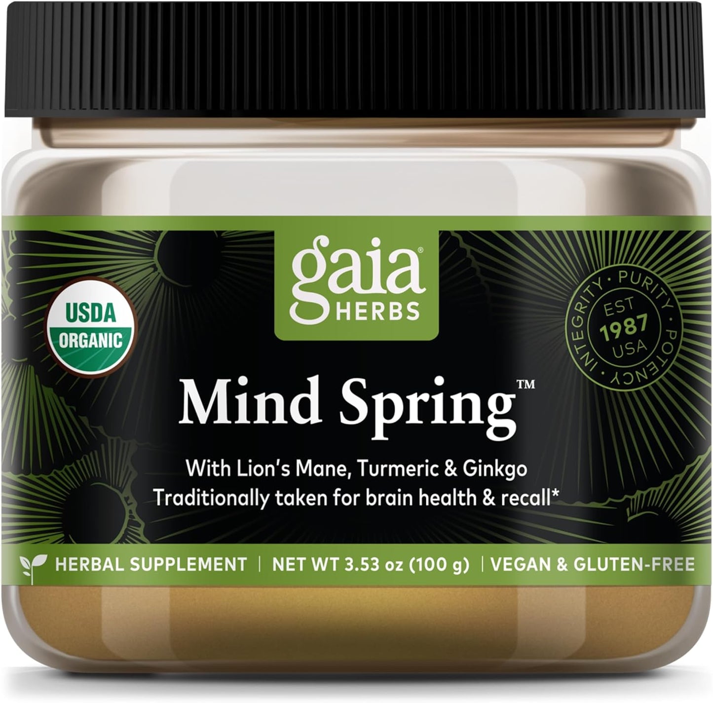 Organic Gaia Herbs Lion's Mane & Turmeric Powder for Brain Health - Herbal Mushroom Supplement - USDA Certified - 3.53 Oz