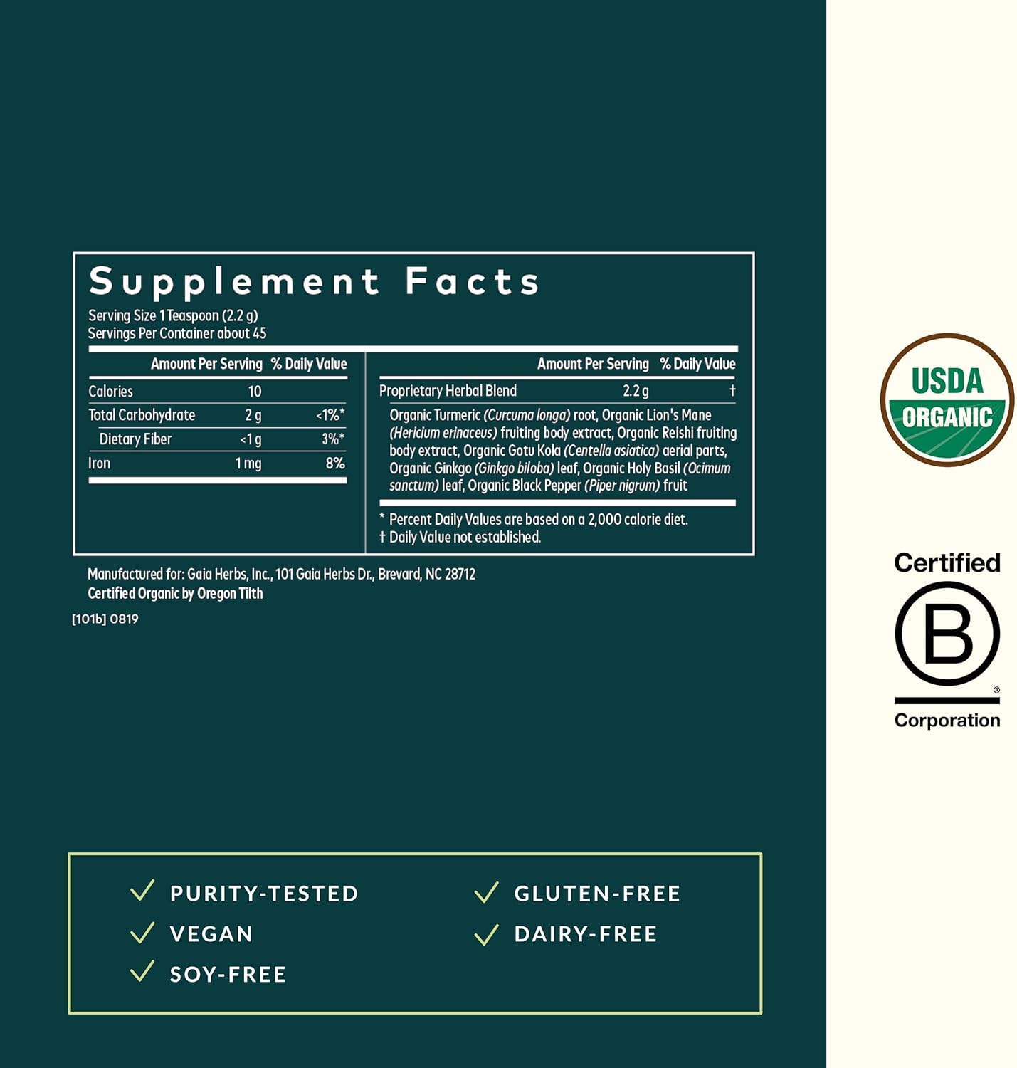 Organic Gaia Herbs Lion's Mane & Turmeric Powder for Brain Health - Herbal Mushroom Supplement - USDA Certified - 3.53 Oz