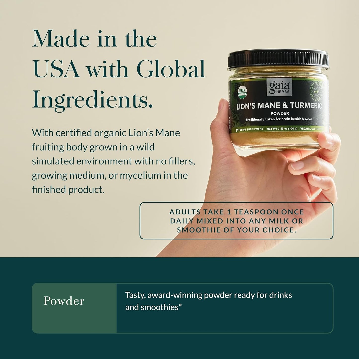 Organic Gaia Herbs Lion's Mane & Turmeric Powder for Brain Health - Herbal Mushroom Supplement - USDA Certified - 3.53 Oz