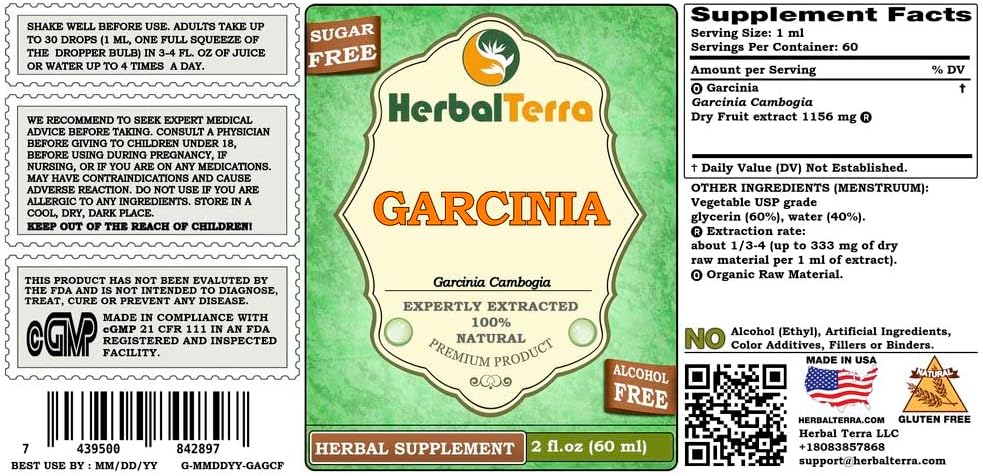 Organic Garcinia Cambogia Glycerite by Herbal Terra LLC - Alcohol-Free Liquid Extract 2 oz