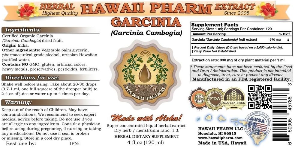 Organic Garcinia Cambogia Liquid Extract Tincture, Herbal Supplement, Made in USA - 2 fl.oz by Hawaii Pharm