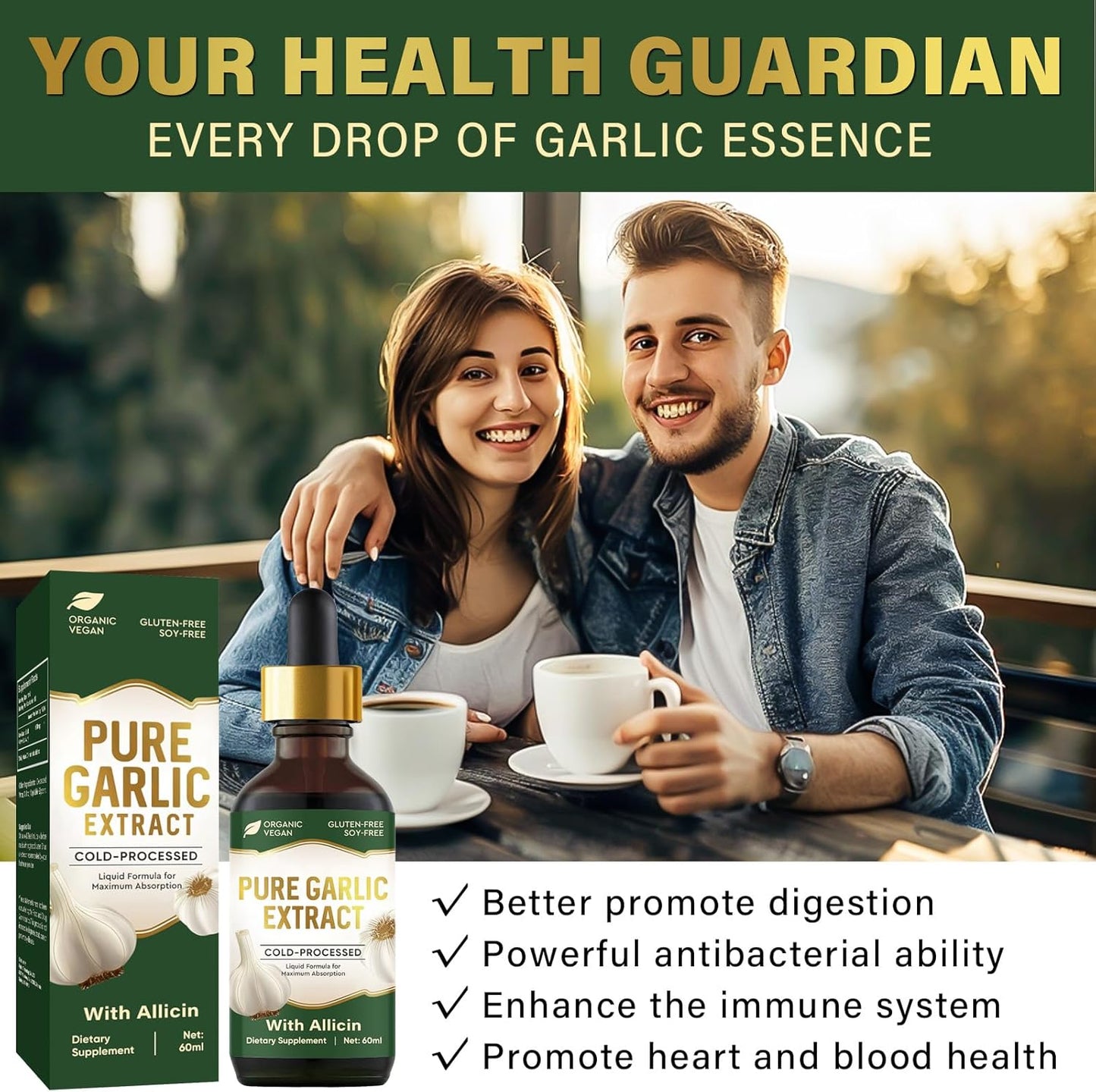 Organic Garlic Oil Supplement with Allicin for Immune Support - 2 fl oz Vegan Formula