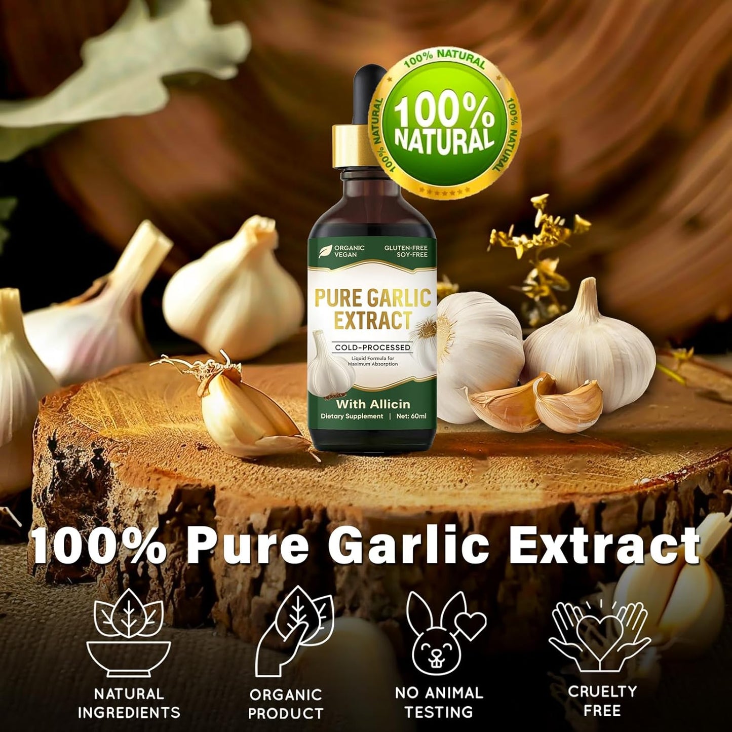 Organic Garlic Oil Supplement with Allicin for Immune Support - 2 fl oz Vegan Formula