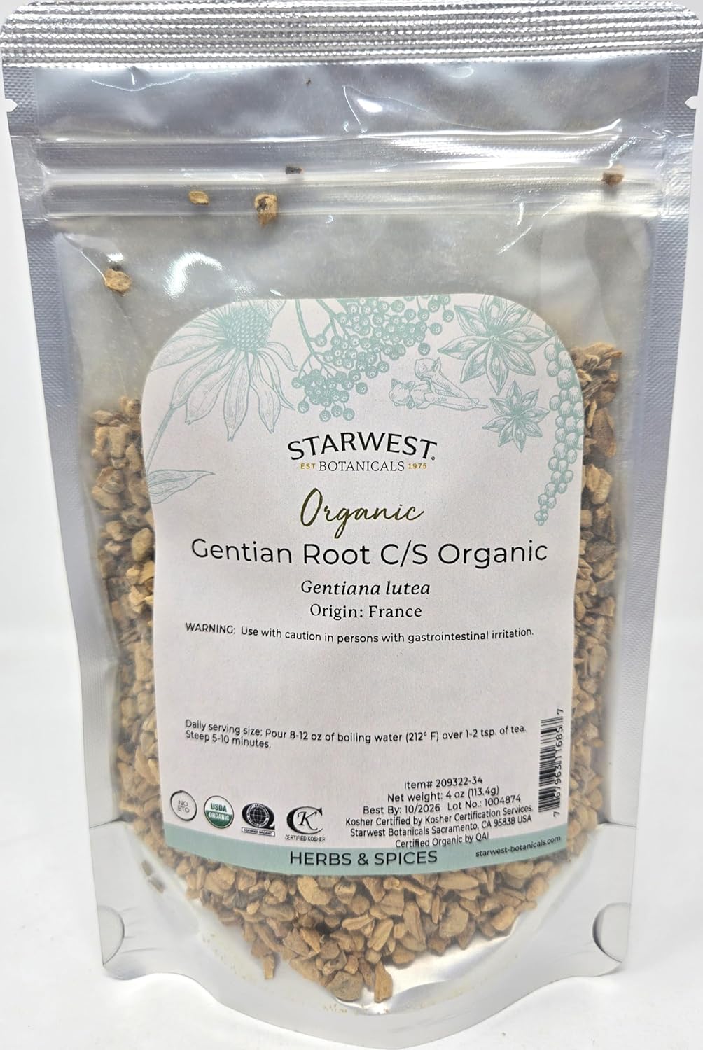 Organic Gentian Root C/S - 4 Ounces by Starwest Botanicals