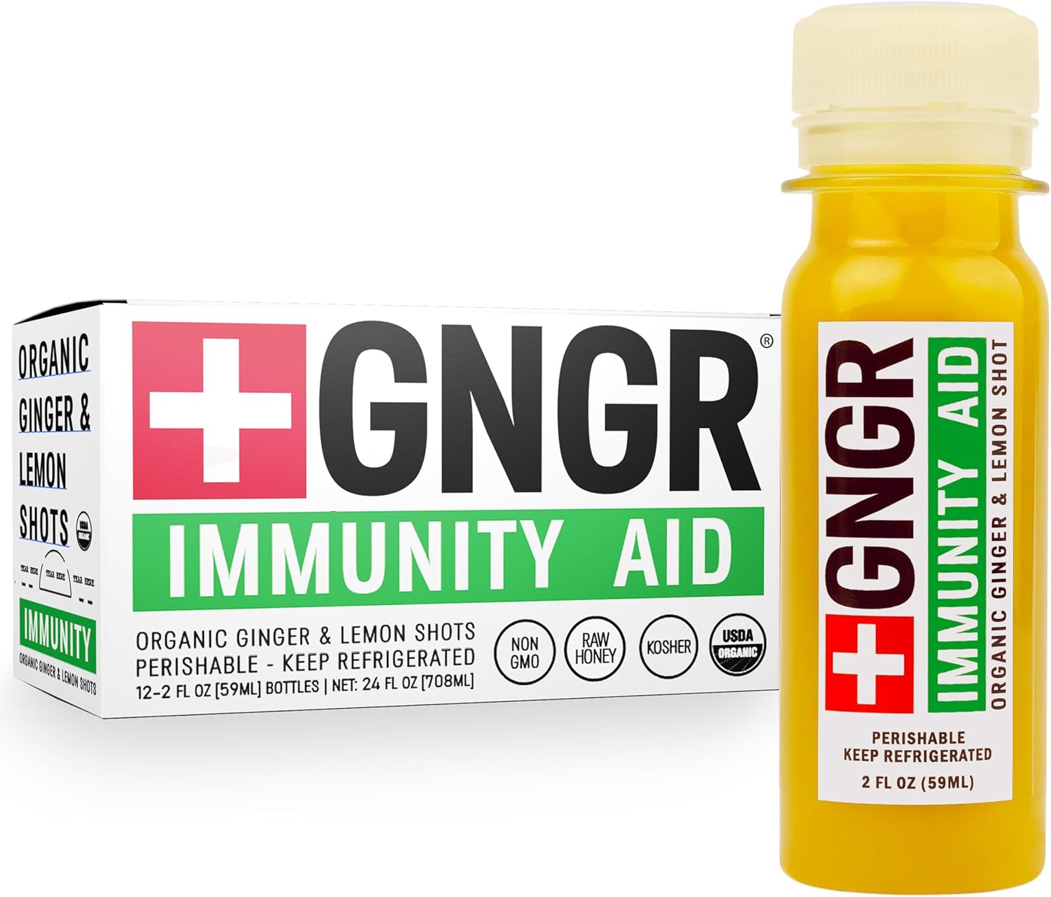 Organic Ginger and Lemon Immunity Shots with Echinacea, Honey, Zinc, and Vitamin D3 - Cold Pressed for Immune & Digestive Support - 2 Oz Shots (Pack of 12)