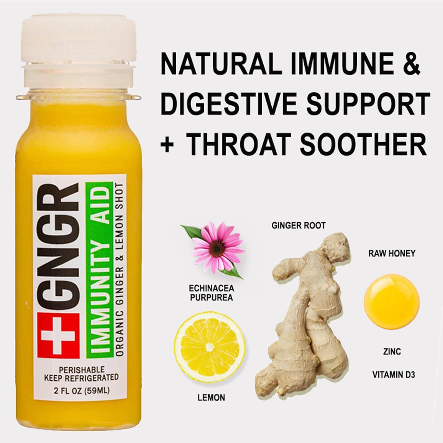 Organic Ginger and Lemon Immunity Shots with Echinacea, Honey, Zinc, and Vitamin D3 - Cold Pressed for Immune & Digestive Support - 2 Oz Shots (Pack of 12)