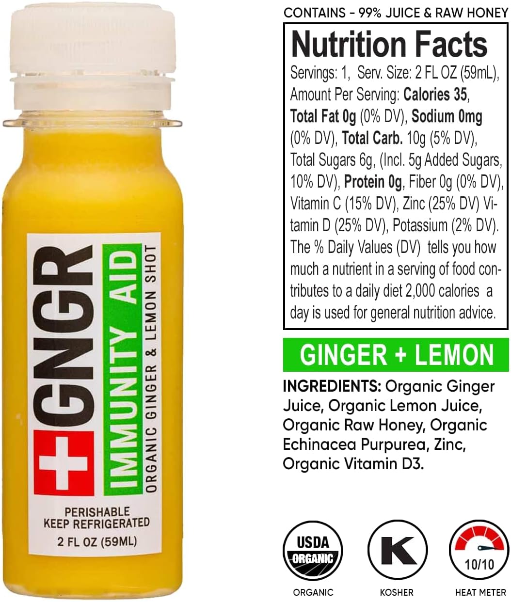 Organic Ginger and Lemon Immunity Shots with Echinacea, Honey, Zinc, and Vitamin D3 - Cold Pressed for Immune & Digestive Support - 2 Oz Shots (Pack of 12)
