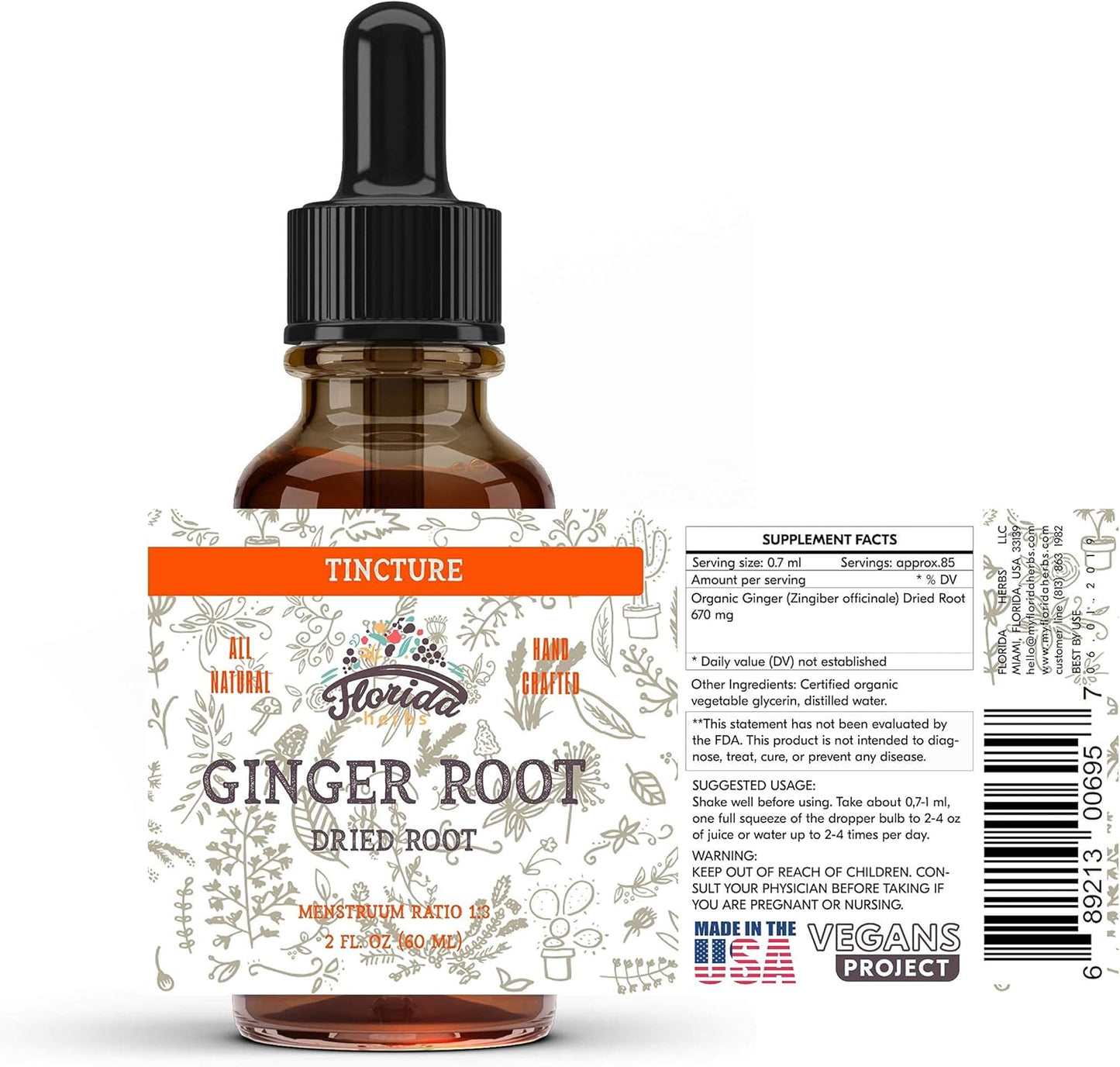 Organic Ginger Extract Tincture from Florida Herbs - USA Sourced Ginger Supplement