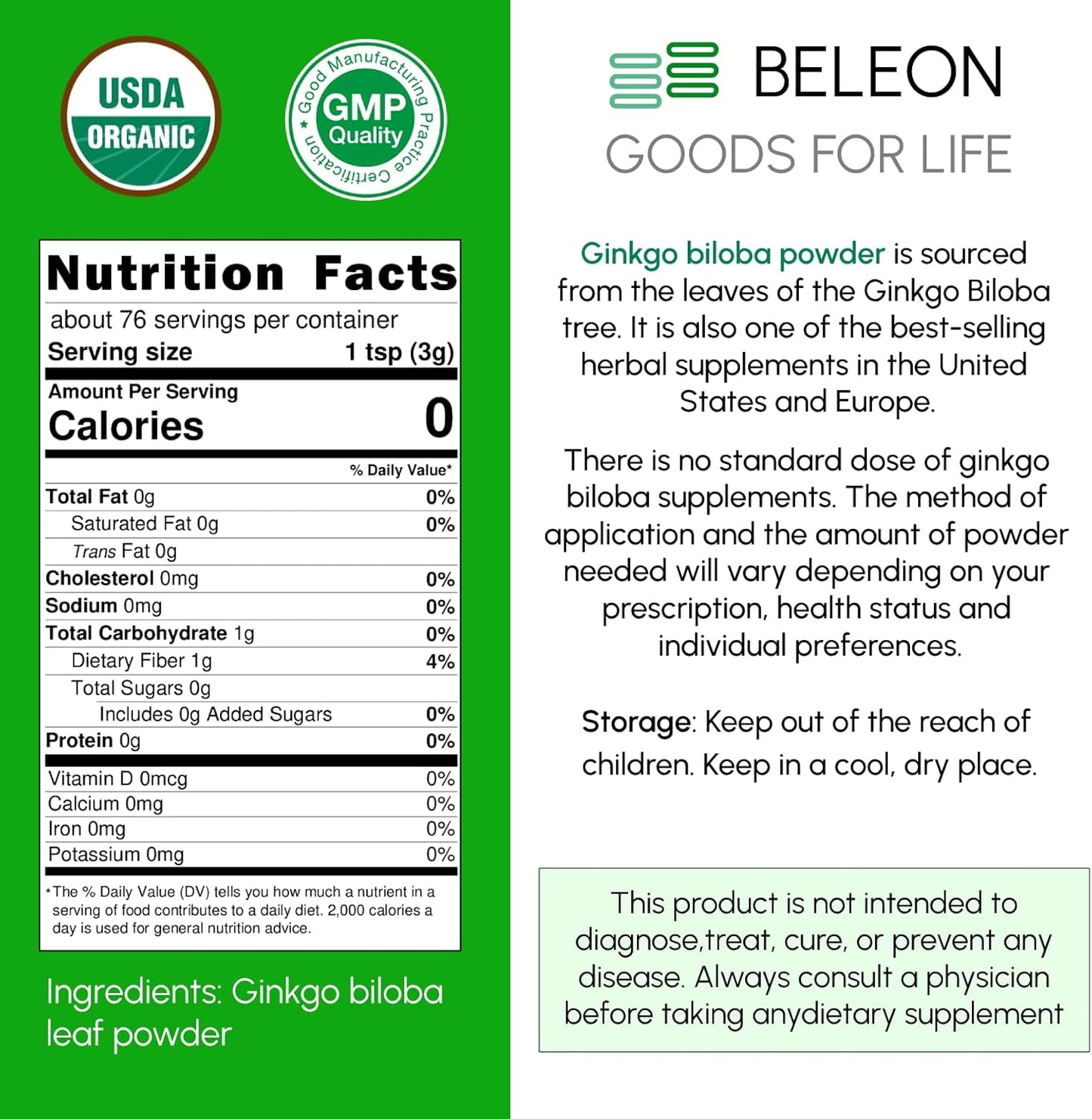 Organic Ginkgo Biloba Powder 8 oz - Pure Natural Supplement for Brain Support and Mental Alertness