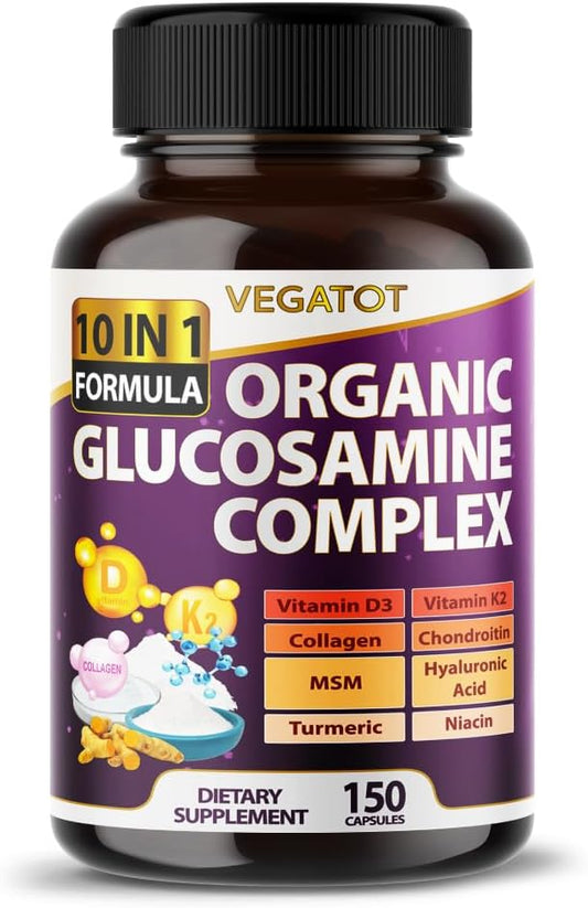 Organic Glucosamine Complex with Collagen - 10IN1 Formula for Joint and Bone Support - Chondroitin, MSM, Hyaluronic Acid - Made in USA (150 Count)