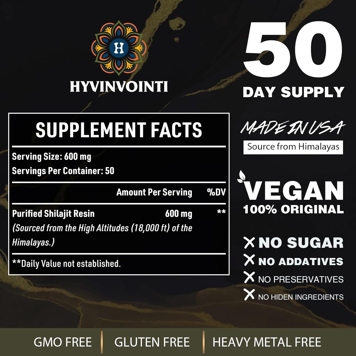 Organic Gold Grade Shilajit Resin 600mg - Pure Himalayan Shilajit for Energy & Immune Support - Rich in Fulvic Acid & Trace Minerals - 1 Pack