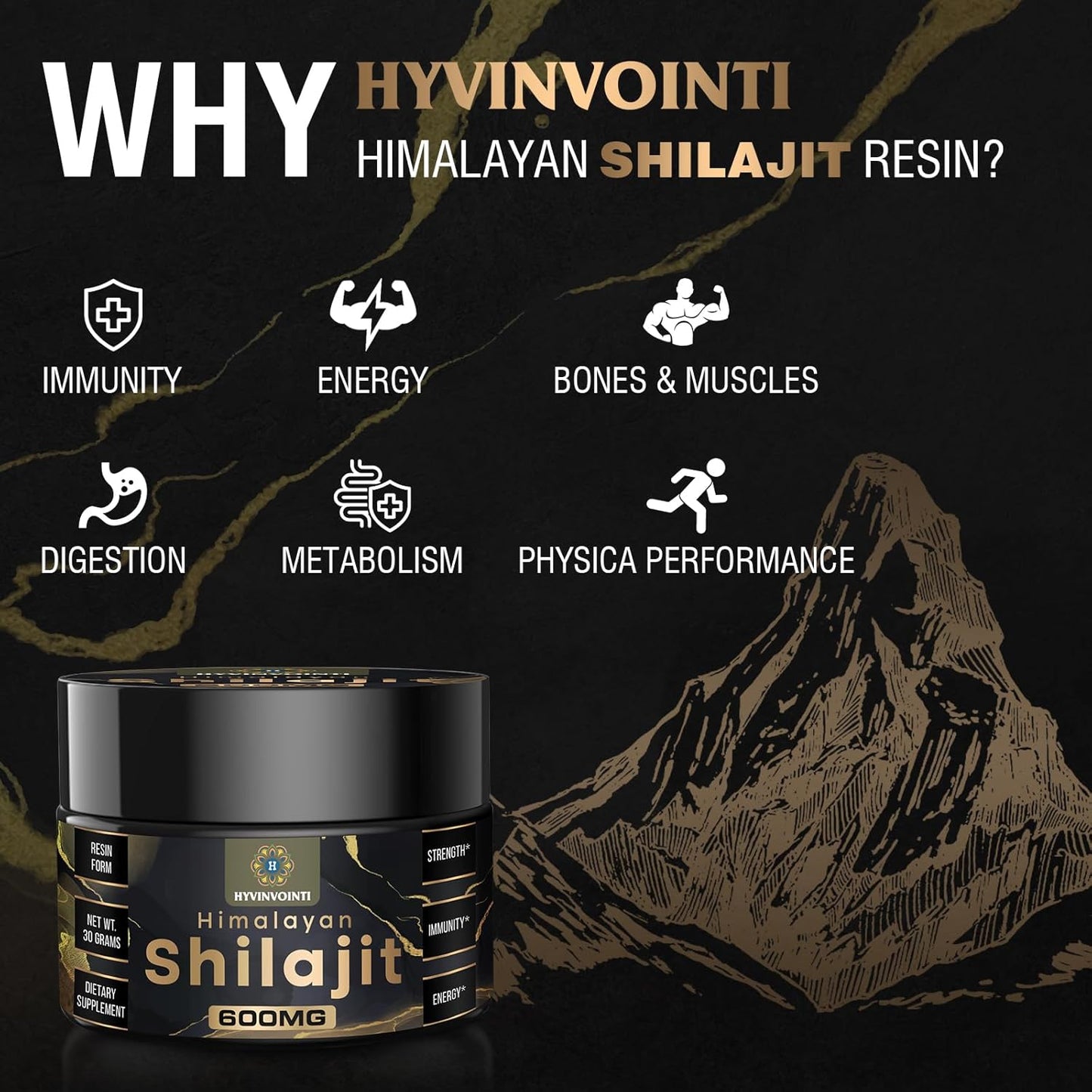 Organic Gold Grade Shilajit Resin 600mg - Pure Himalayan Shilajit for Energy & Immune Support - Rich in Fulvic Acid & Trace Minerals - 1 Pack