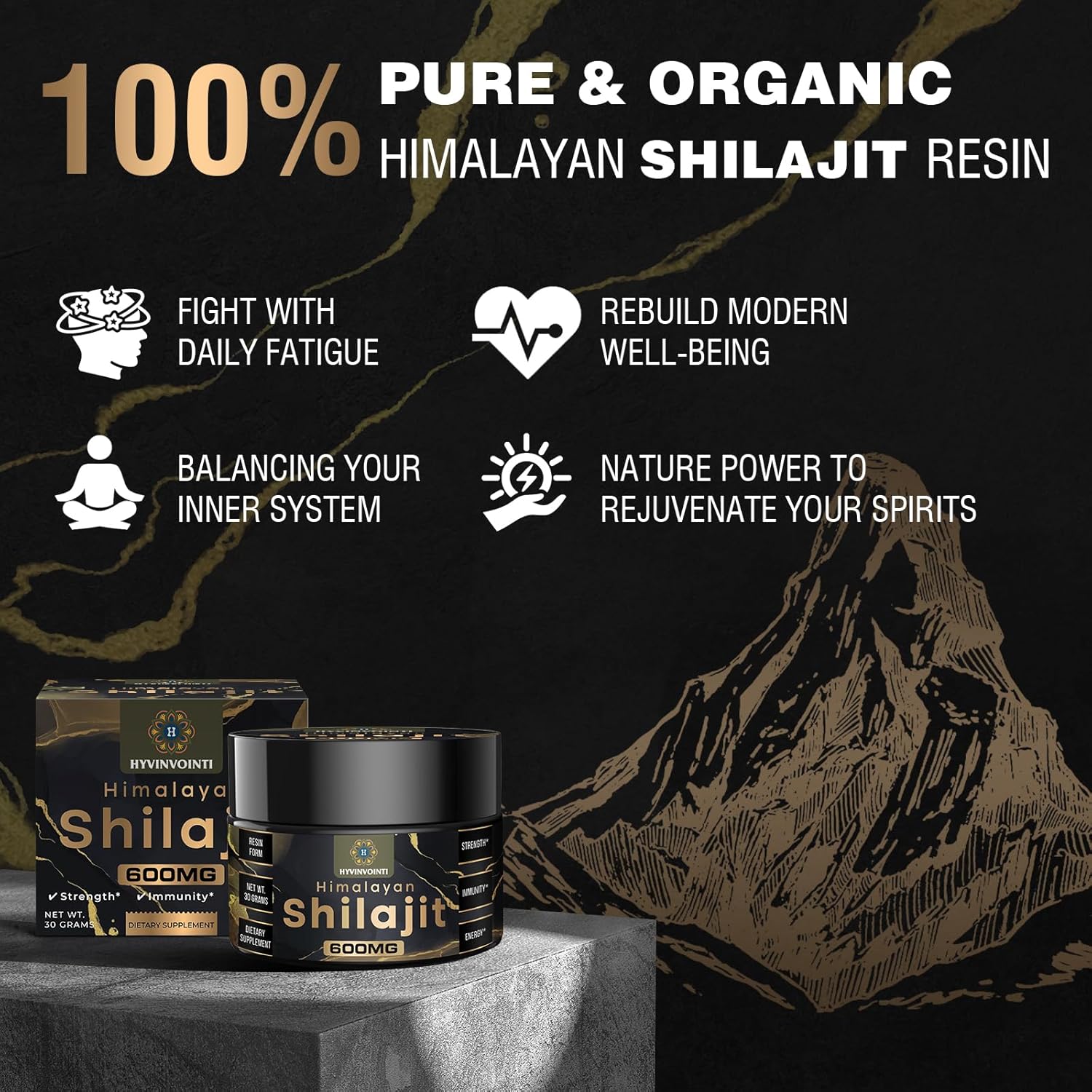 Organic Gold Grade Shilajit Resin 600mg - Pure Himalayan Shilajit for Energy & Immune Support - Rich in Fulvic Acid & Trace Minerals - 1 Pack