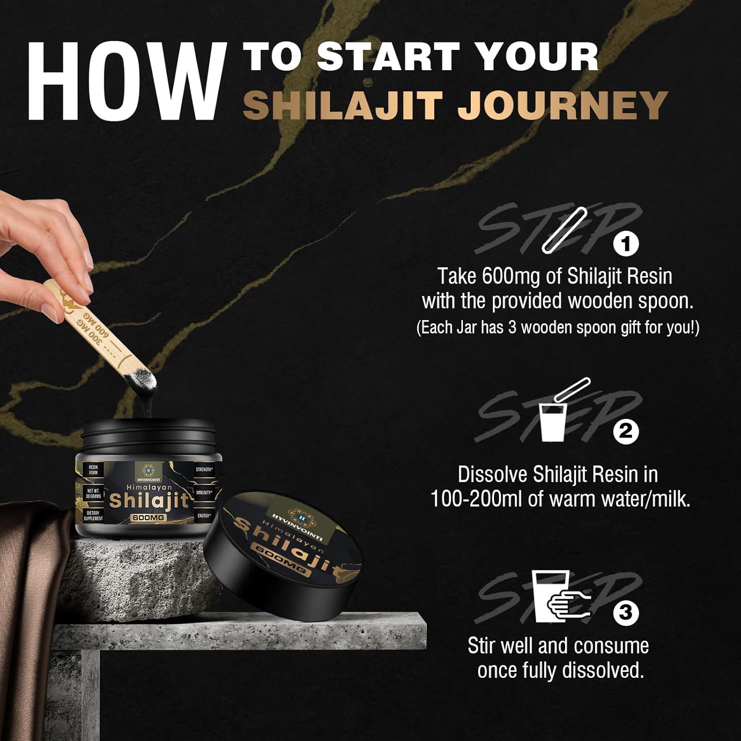 Organic Gold Grade Shilajit Resin 600mg - Pure Himalayan Shilajit for Energy & Immune Support - Rich in Fulvic Acid & Trace Minerals - 1 Pack