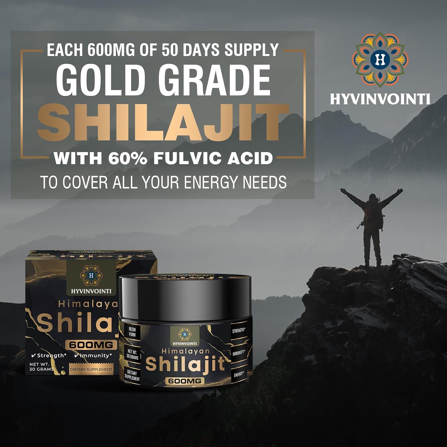 Organic Gold Grade Shilajit Resin 600mg - Pure Himalayan Shilajit for Energy & Immune Support - Rich in Fulvic Acid & Trace Minerals - 1 Pack