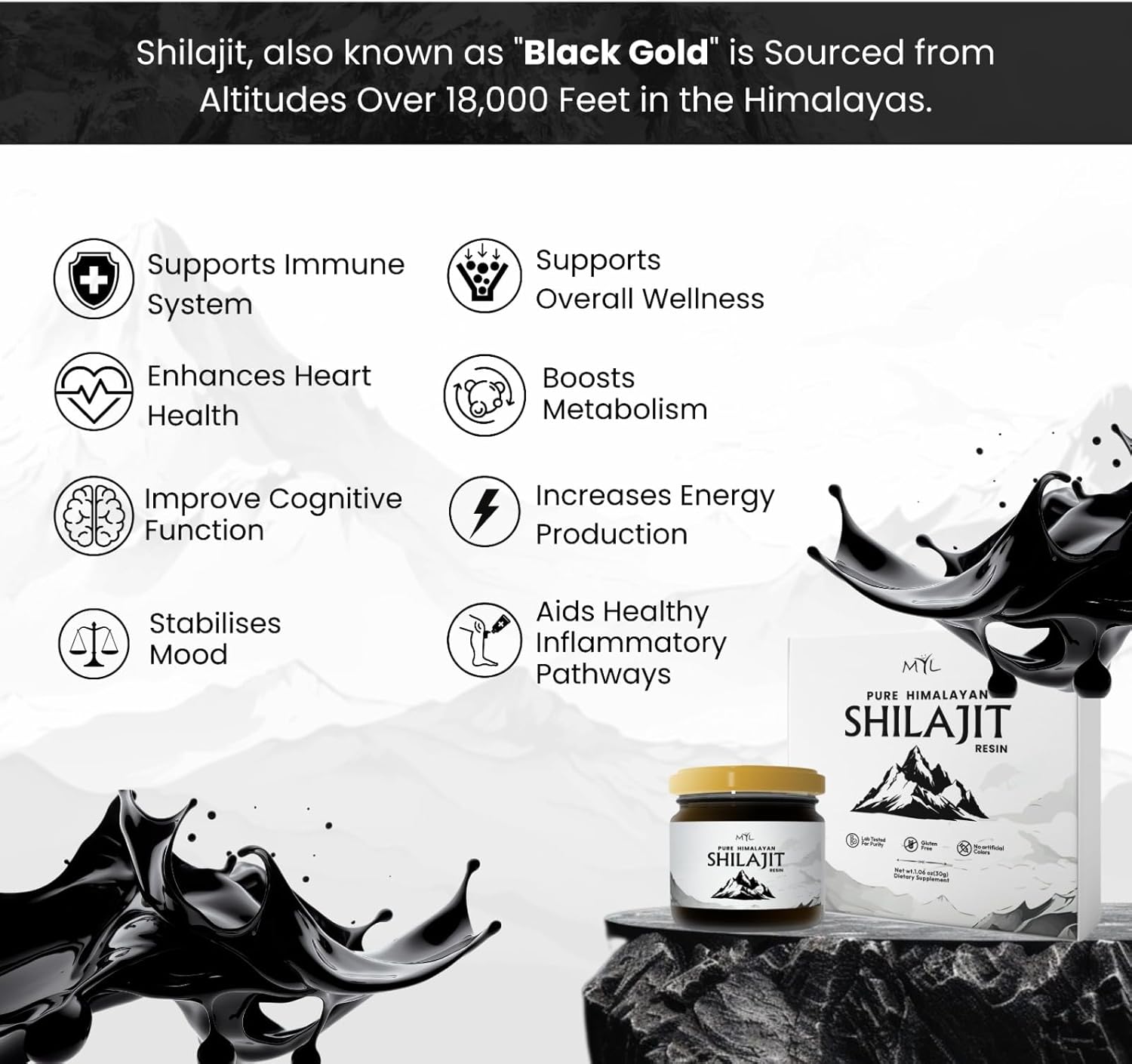 Organic Gold Grade Shilajit Resin for Energy & Vitality - 85+ Minerals, Fulvic Acid - 75 Servings