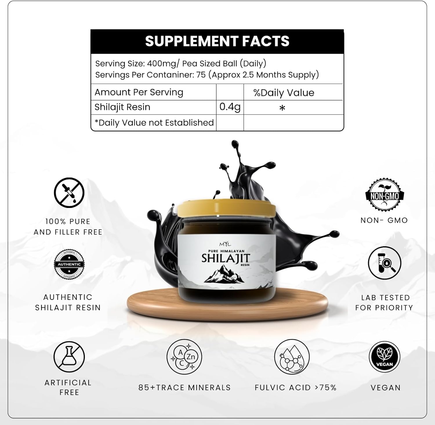 Organic Gold Grade Shilajit Resin for Energy & Vitality - 85+ Minerals, Fulvic Acid - 75 Servings