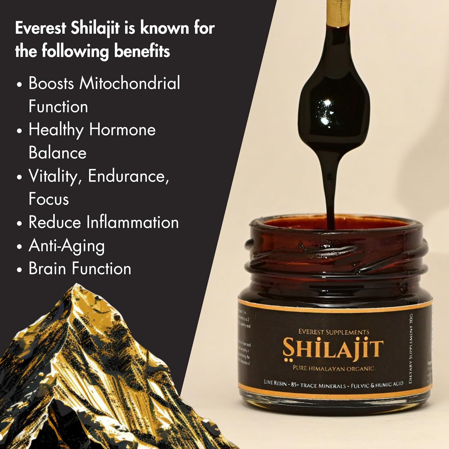 Organic Gold Grade Shilajit Resin for Men - 500mg Maximum Potency - 85 Trace Minerals - Energy & Immune Support - 30g