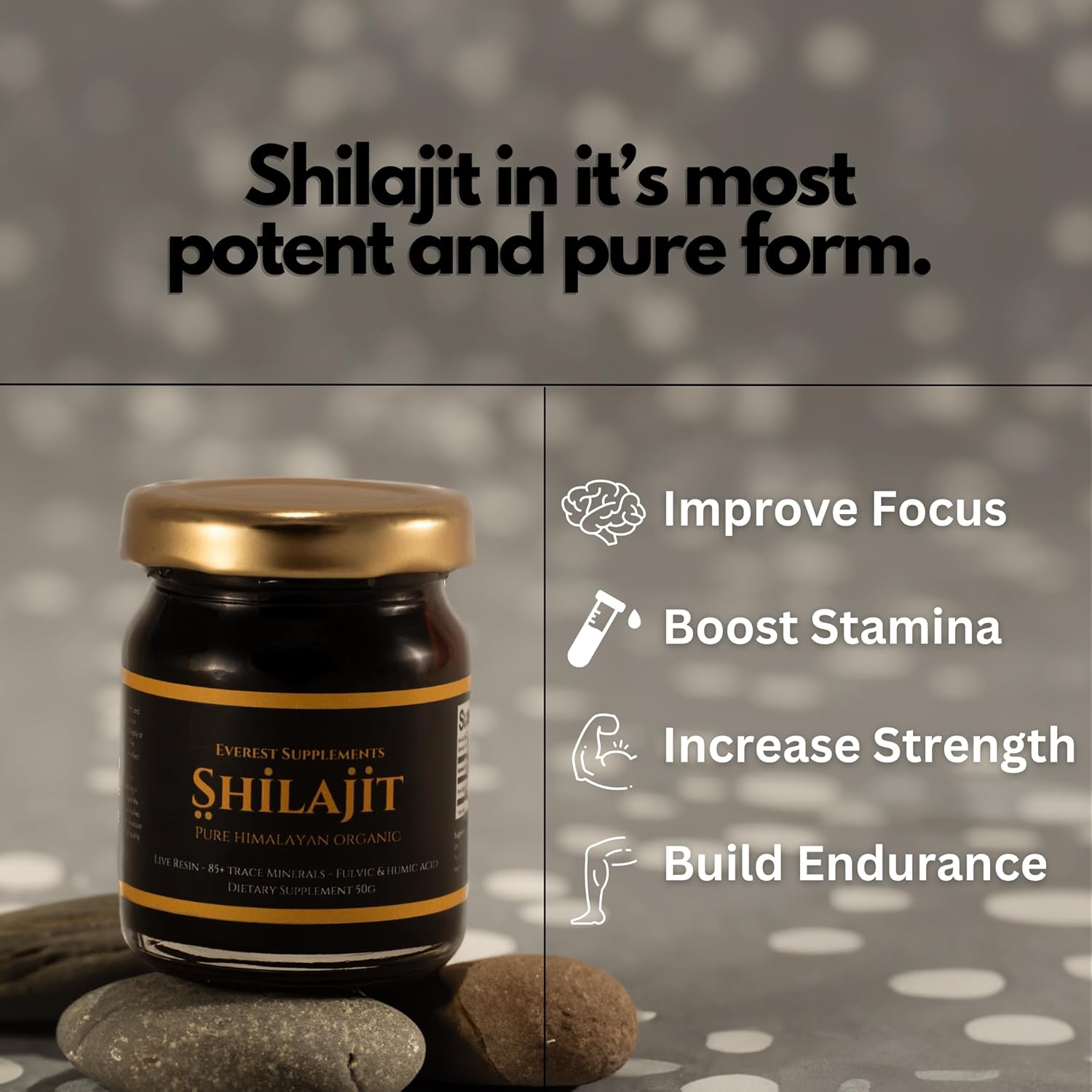Organic Gold Grade Shilajit Resin for Men - 500mg Maximum Potency - 85 Trace Minerals - Energy & Immune Support - 30g