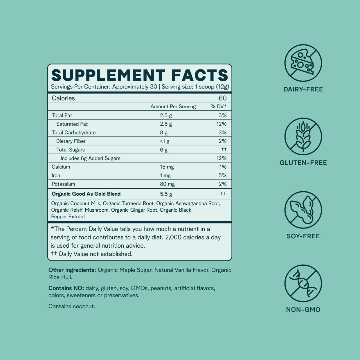 Organic Golden Milk Powder with Ayurvedic Turmeric and Adaptogens - Maple & Vanilla Flavor | Vegan, Non-GMO, Gluten-Free - 30 Servings