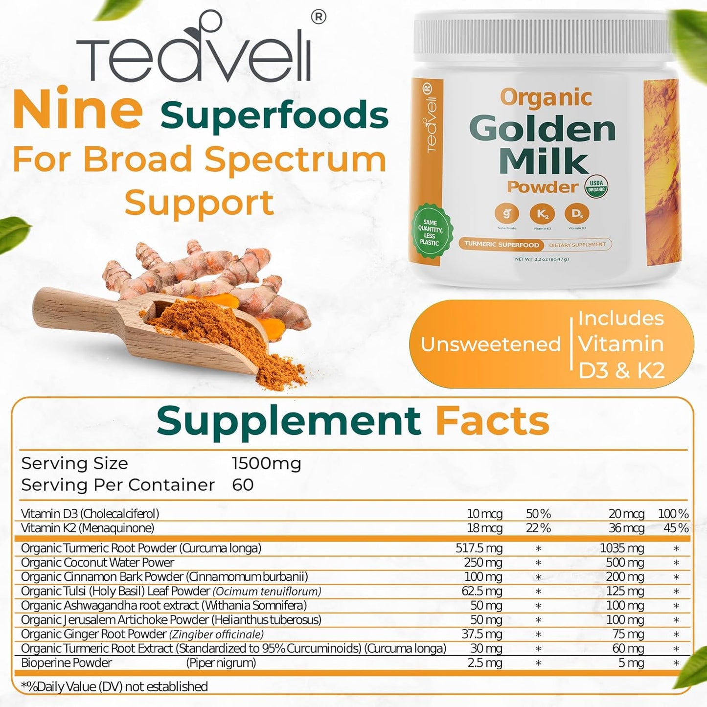 Organic Golden Milk Powder with Vitamins D3 & K2, Turmeric, Ginger, Curcumin, Cinnamon, Ashwagandha, Holy Basil & Prebiotics - Unsweetened Turmeric Tea Latte (3 Pack)