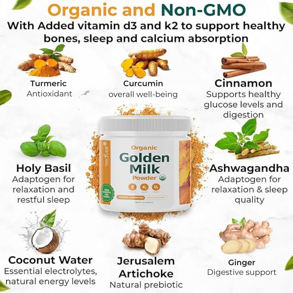 Organic Golden Milk Powder with Vitamins D3 & K2, Turmeric, Ginger, Curcumin, Cinnamon, Ashwagandha, Holy Basil & Prebiotics - Unsweetened Turmeric Tea Latte (3 Pack)
