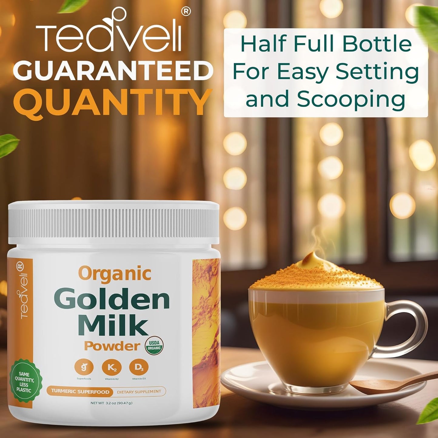 Organic Golden Milk Powder with Vitamins D3 & K2, Turmeric, Ginger, Curcumin, Cinnamon, Ashwagandha, Holy Basil & Prebiotics - Unsweetened Turmeric Tea Latte (3 Pack)
