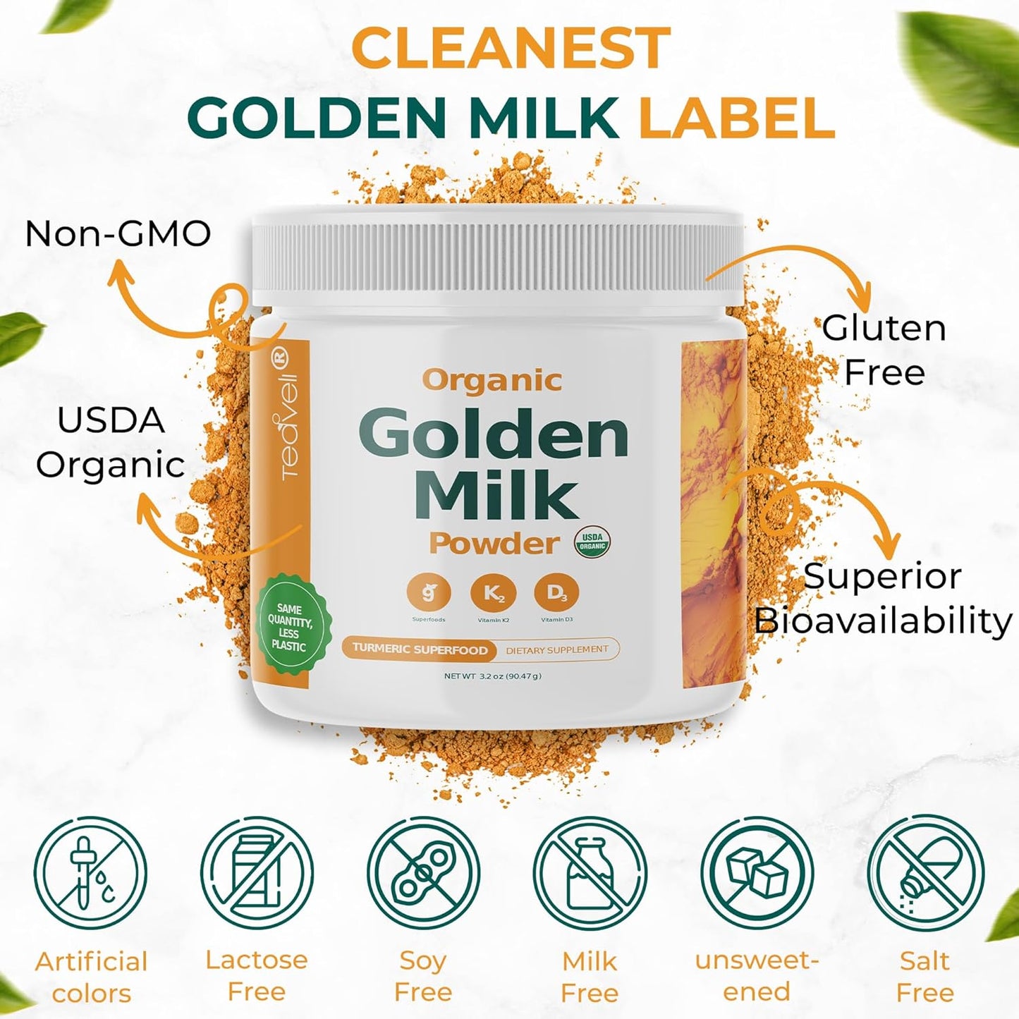 Organic Golden Milk Powder with Vitamins D3 & K2, Turmeric, Ginger, Curcumin, Cinnamon, Ashwagandha, Holy Basil & Prebiotics - Unsweetened Turmeric Tea Latte (3 Pack)
