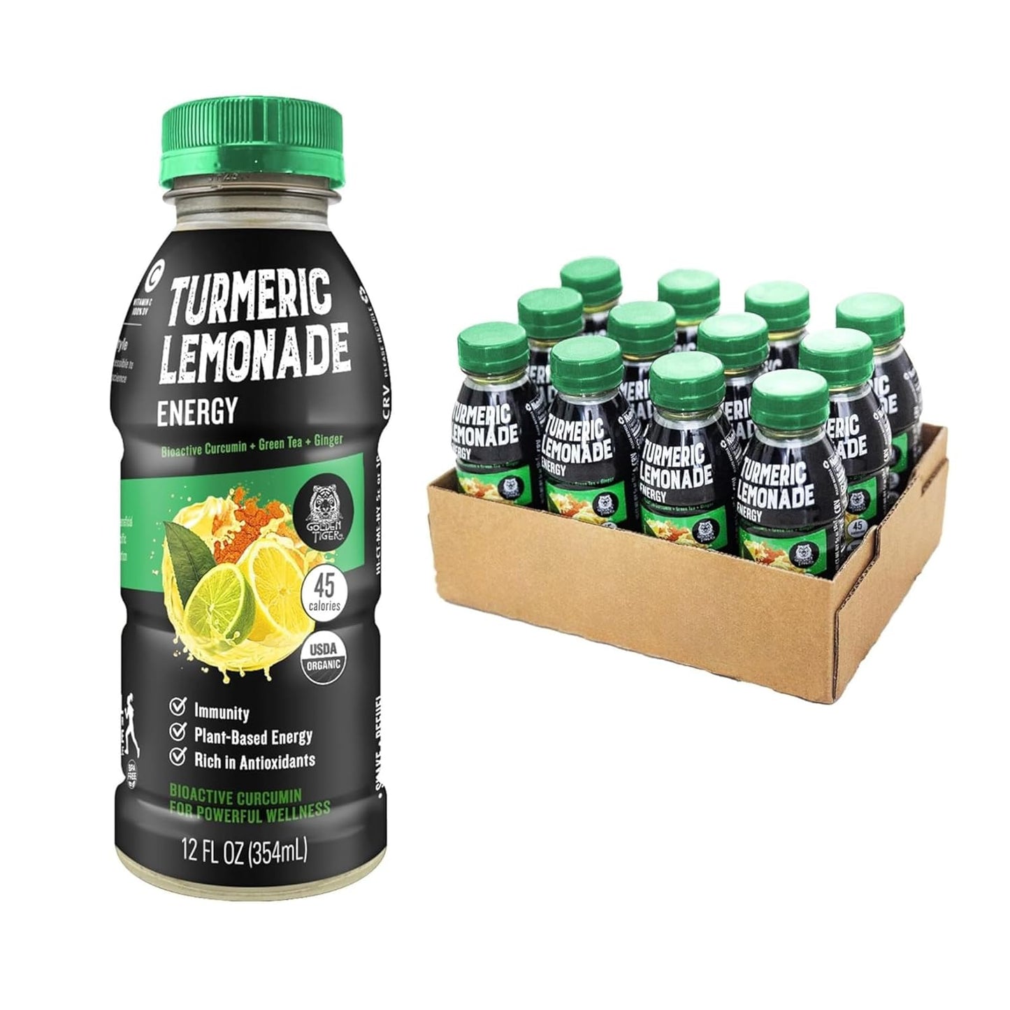 Organic Golden Tiger Turmeric Lemonade with Bioactive Curcumin, Ginger, and Green Tea Caffeine for Energy and Recovery - 12 Bottles
