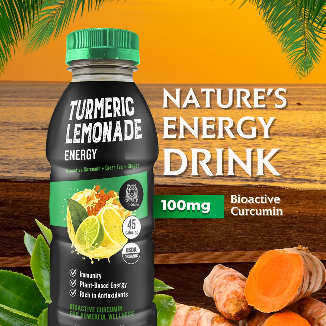 Organic Golden Tiger Turmeric Lemonade with Bioactive Curcumin, Ginger, and Green Tea Caffeine for Energy and Recovery - 12 Bottles