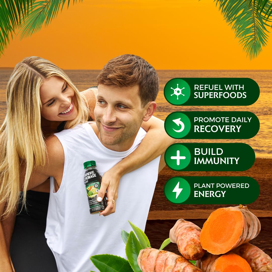 Organic Golden Tiger Turmeric Lemonade with Bioactive Curcumin, Ginger, and Green Tea Caffeine for Energy and Recovery - 12 Bottles