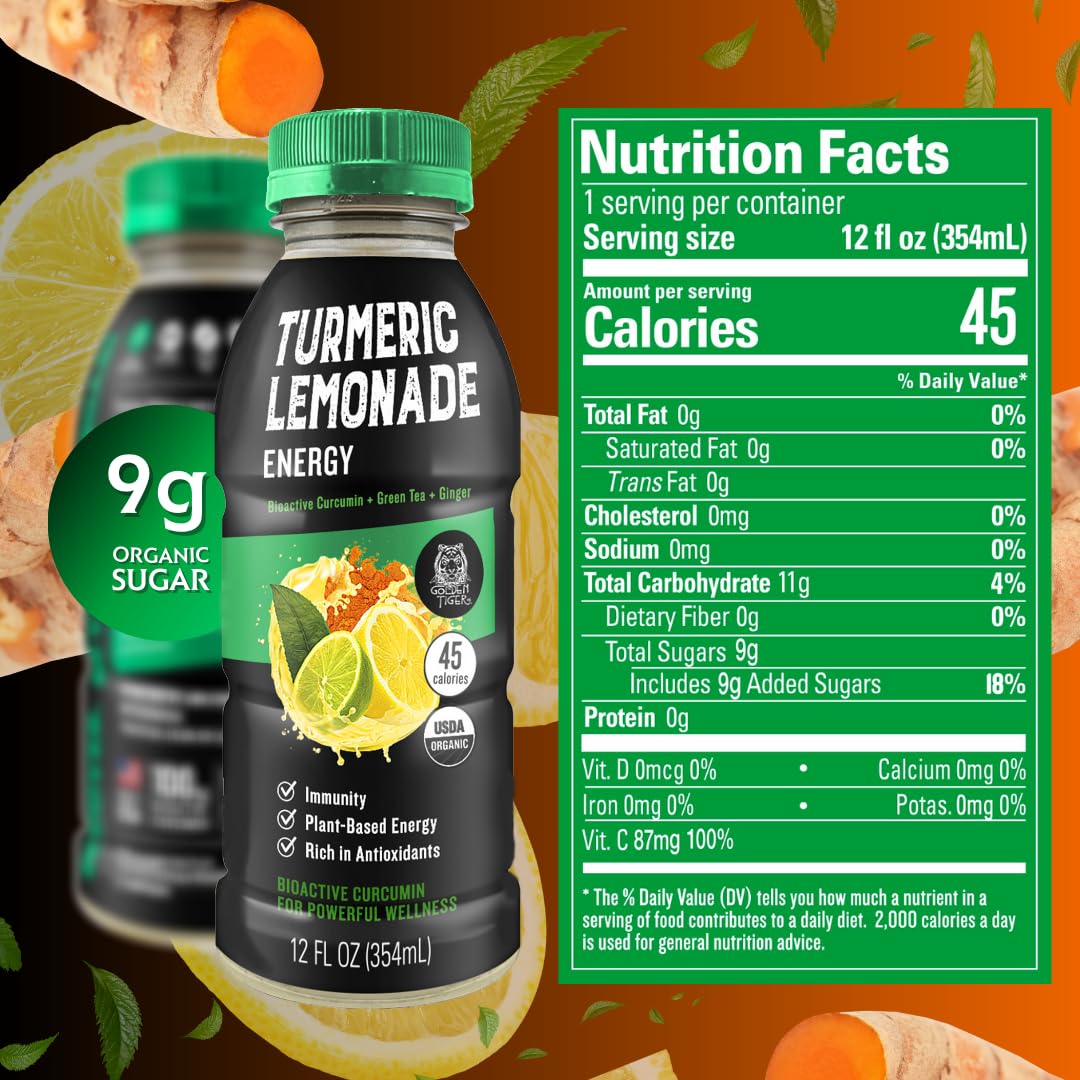Organic Golden Tiger Turmeric Lemonade with Bioactive Curcumin, Ginger, and Green Tea Caffeine for Energy and Recovery - 12 Bottles